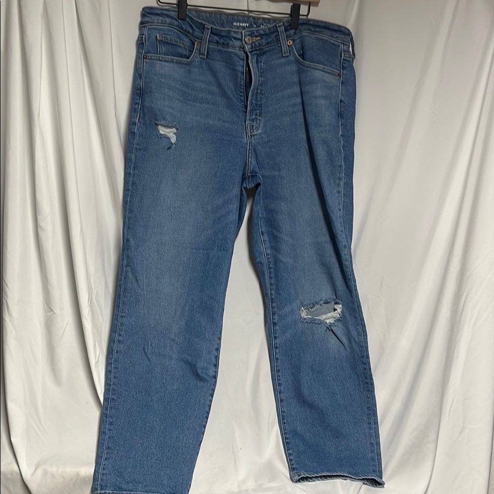 Old Navy High Rise OG loosMedium-Wash Straight Leg Jeans with Distressed knees